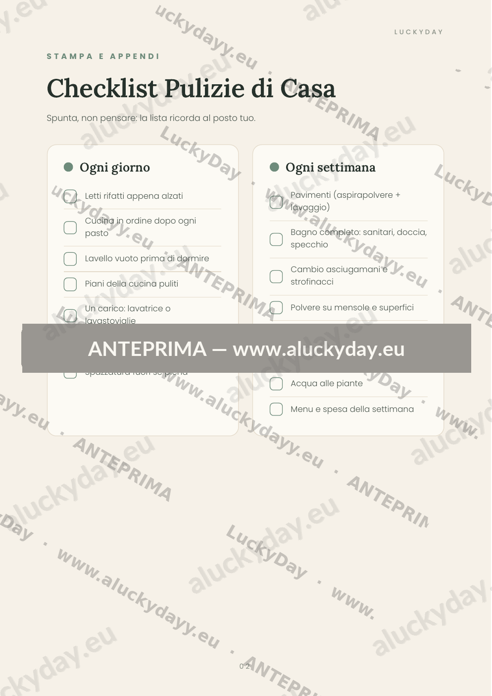 Checklist Pulizie di Casa — Giorno, settimana, mese, stagione (PDF) - immagine 2